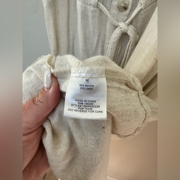 Lucky Brand Cream Linen Blend Button Front Midi Dress Size M Pockets Tie Waist - Picture 8 of 9